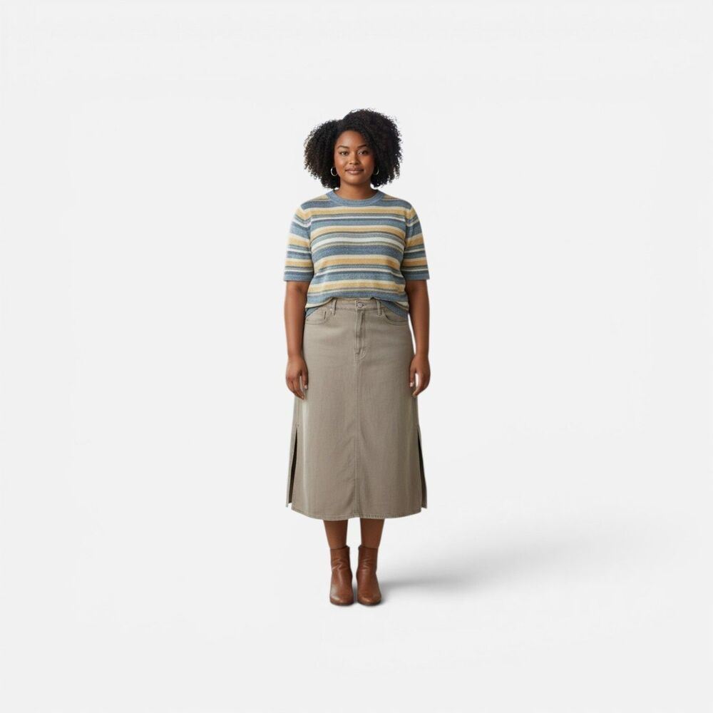 a.n.a Khaki Denim High Rise Maxi Skirt Cargo Utility Jean Skirt Long Double Slit